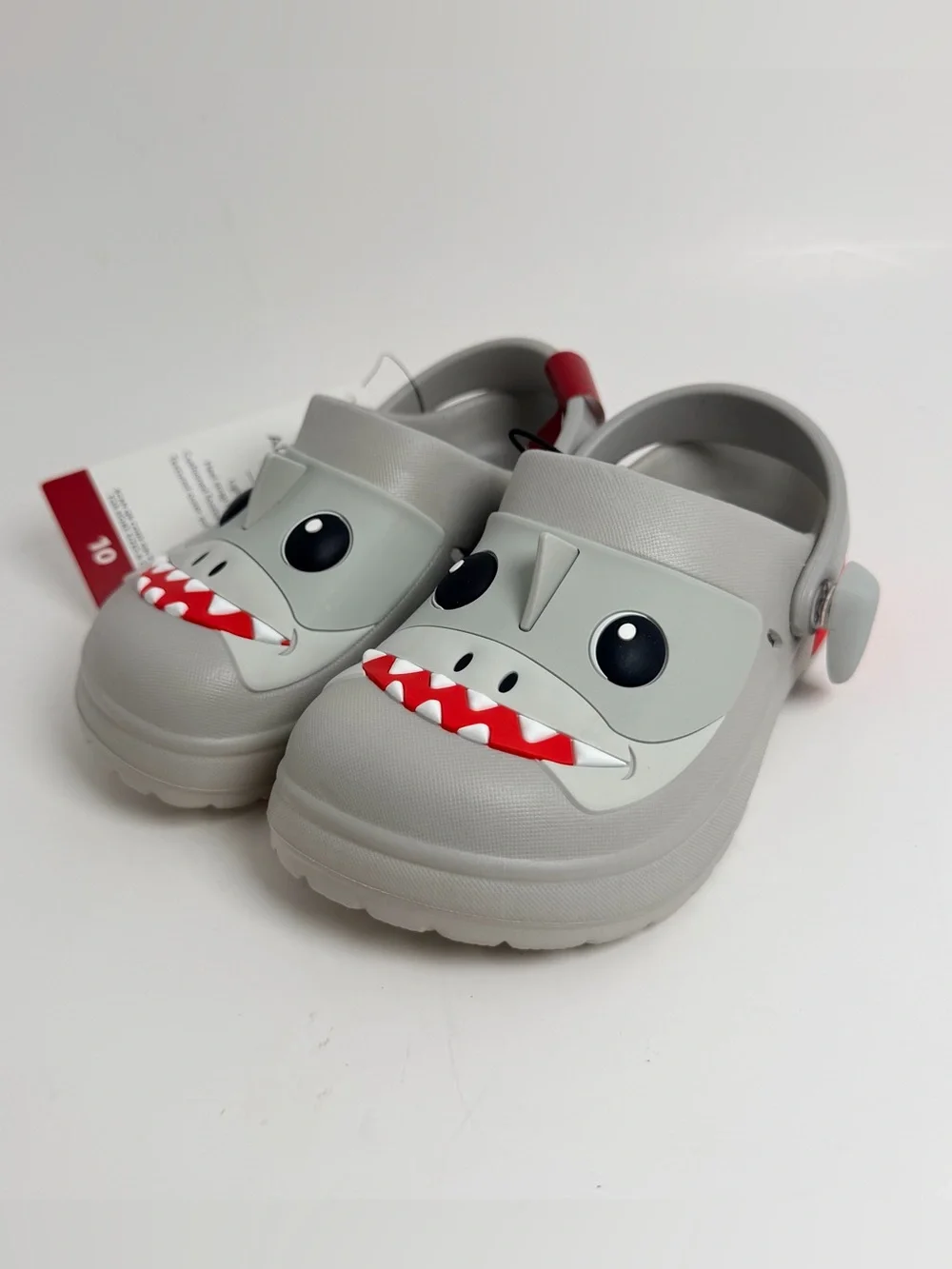 Kids Shark Clog Sandals in Light Gray with Red Accent